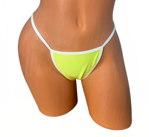 Bright Yellow white trim wide front thong bikini