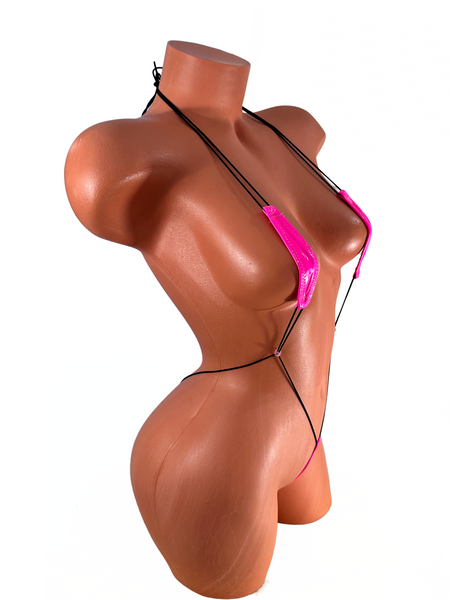 Patent Leather Neon Hot Pink Slingshot Bikini Black String
