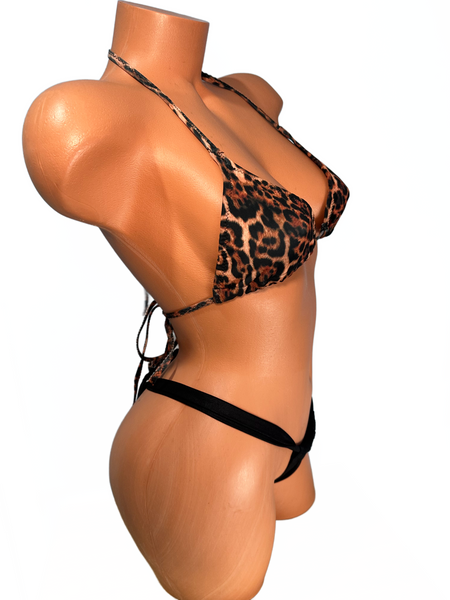 Two Piece Bikini leopard top Matte black bottoms