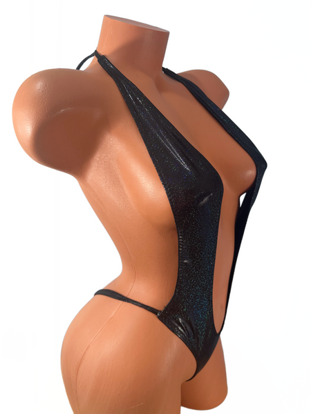 One Piece Thong Slingshot Wet Look Holographic Black