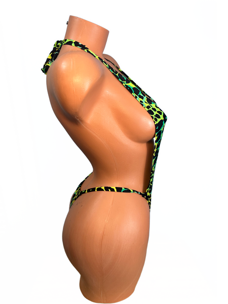 Neon green Cheetah Print One Piece thong slingshot bikini