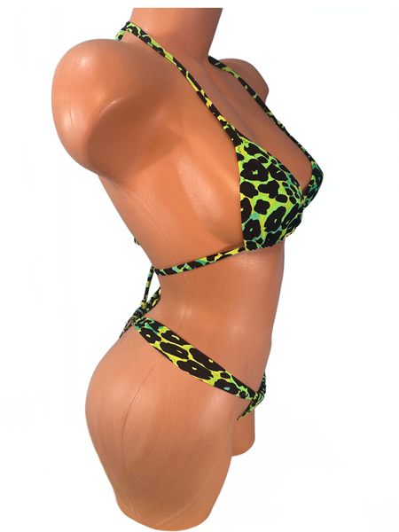 Neon Green Cheetah Print Wide Banded Cheeky Bikini