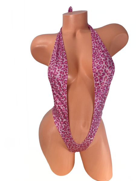 Metallic Pink Cheetah Print One Piece thong slingshot bikini