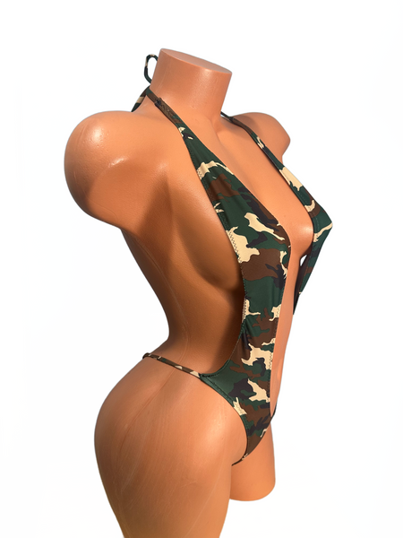 Army Green Camouflage Print One Piece thong slingshot bikini