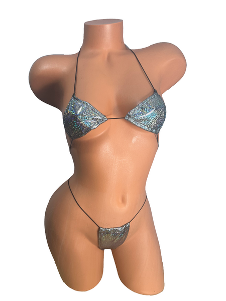 Silver Holographic on Black elastic string bikini