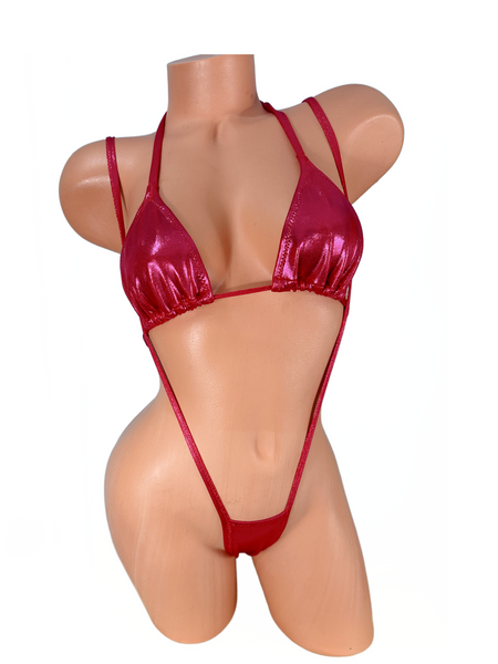 Two Piece metallic  slingshot Fuchsia on Red