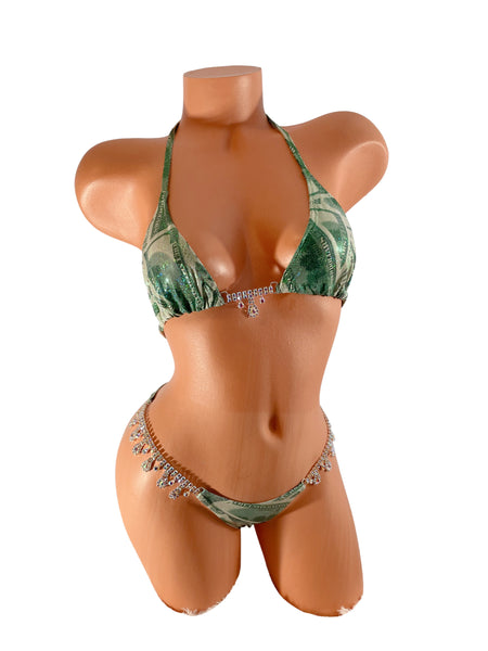 Money Green money print  bikini  with crystal Chandelier connectors