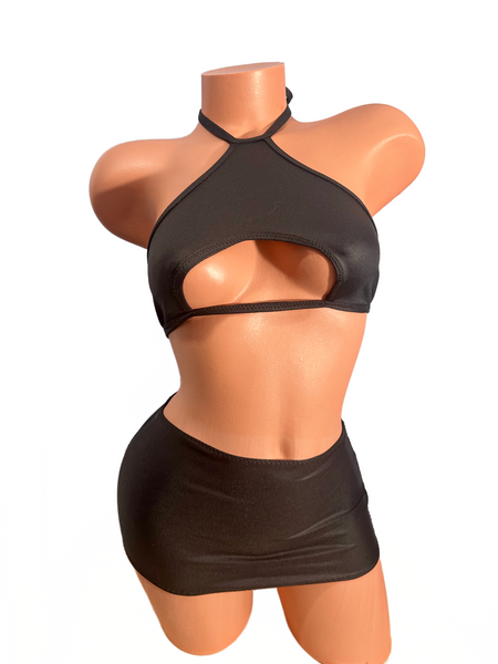 Two piece Halter Mini skirt set Matte Black