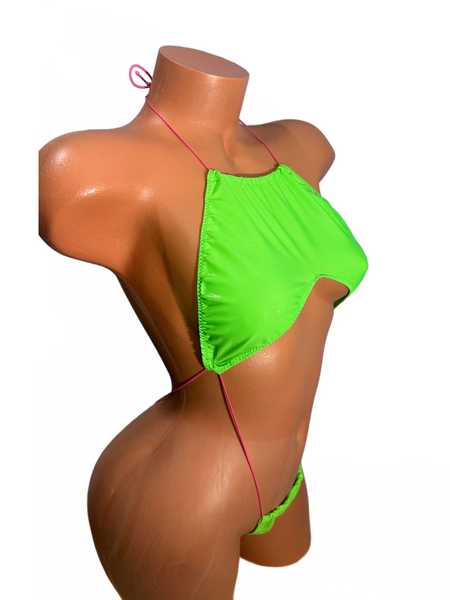 Halter Slingshot Neon Green wet look monokini pink string