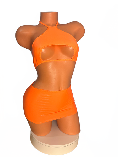 Two piece Halter Mini skirt set Wet look Neon Orange