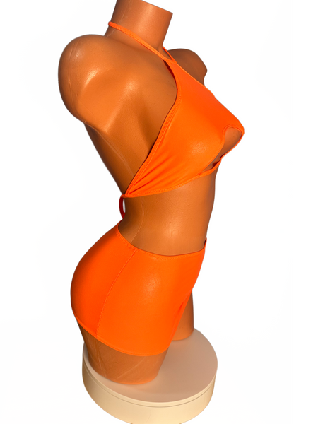 Two piece Halter Mini skirt set Wet look Neon Orange