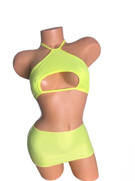 Two piece Halter Mini skirt set Wet look Neon Yellow