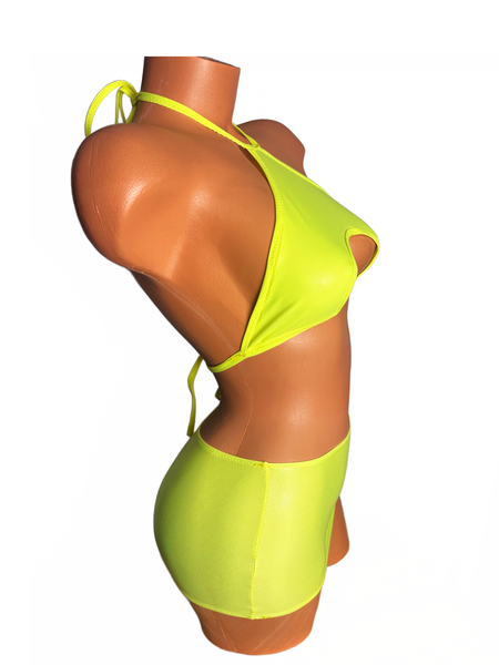 Two piece Halter Mini skirt set Wet look Neon Yellow