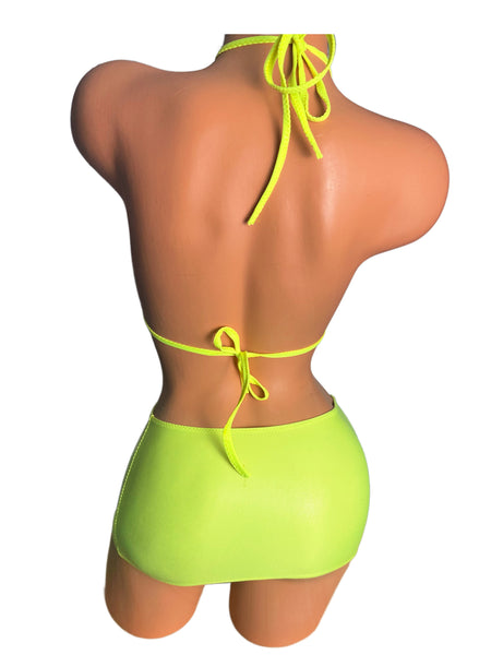 Two piece Halter Mini skirt set Wet look Neon Yellow