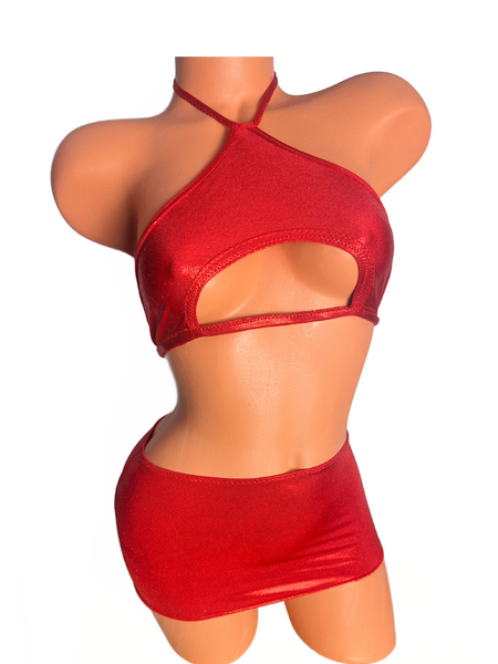 Two piece Halter Mini skirt set Metallic Red