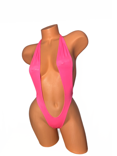 Neon Pink wet look One Piece thong slingshot bikini