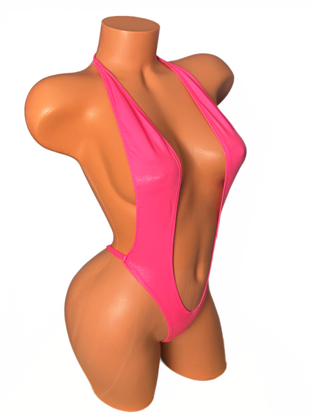 Neon Pink wet look One Piece thong slingshot bikini