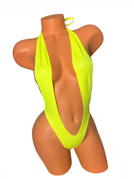 Neon Yellow wet look One Piece thong slingshot bikini