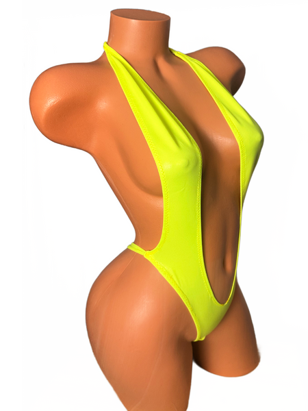 Neon Yellow wet look One Piece thong slingshot bikini