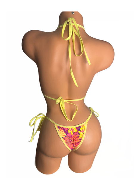 Floral neon yellow trim Micro String Bikini