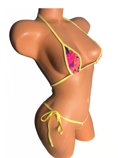 Floral neon yellow trim Micro String Bikini