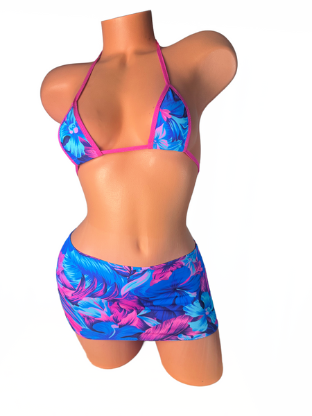 Blue floral hot pink trim  Micro String Bikini