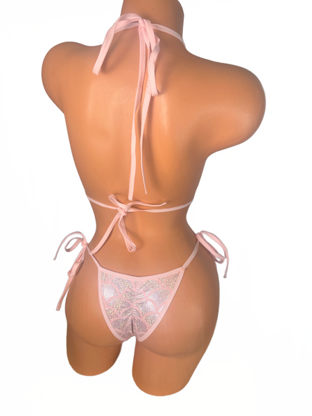 Metallic Mermaid fish scale pink trim Micro String Bikini
