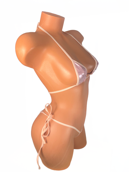 Pale Pink metallic pink trim Micro String cheeky Bikini