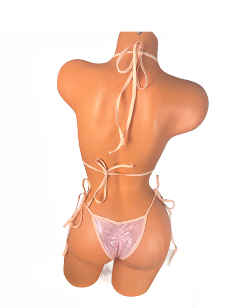 Pale Pink metallic pink trim Micro String cheeky Bikini