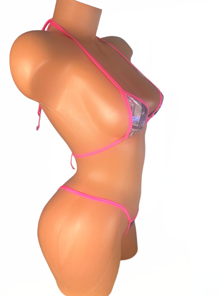 Silver metallic money print thong bikini hot pink trim