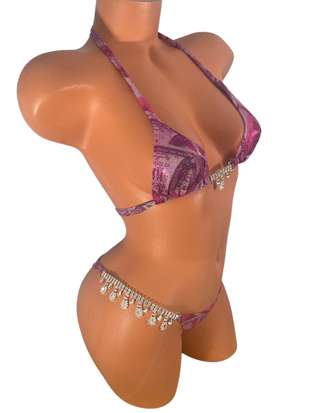 Pink Money Print 100 dollar metallic  w/ crystal connectors Cheeky Cut Bikini