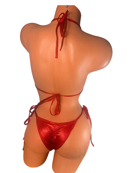 Red metallic  Scrunch bottom micro string bikini