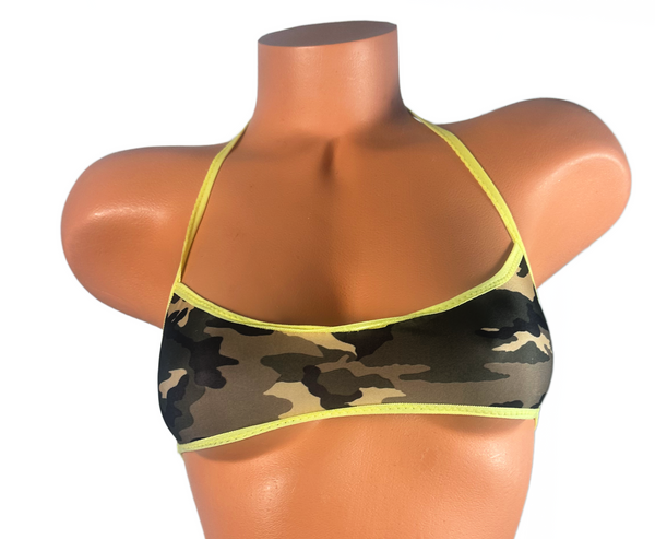Olive Camouflage Yellow Trim Micro Halter Top