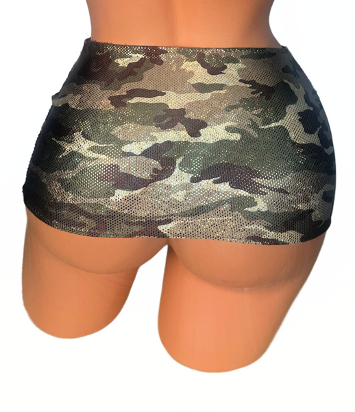 Metallic Olive Green Camouflage  Micro mini skirt cover up