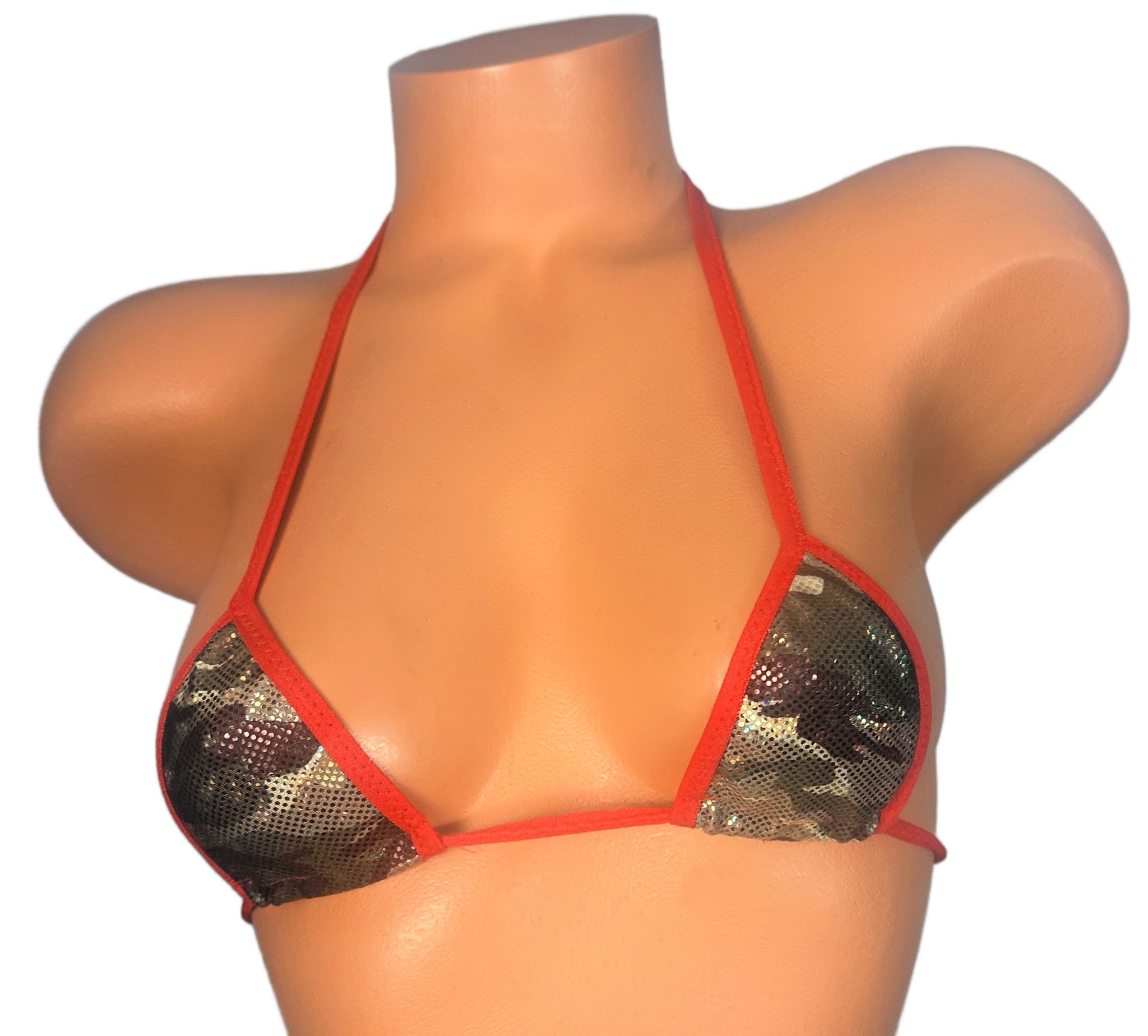 Metallic Olive Green Camouflage Red Trim Micro Triangle Top
