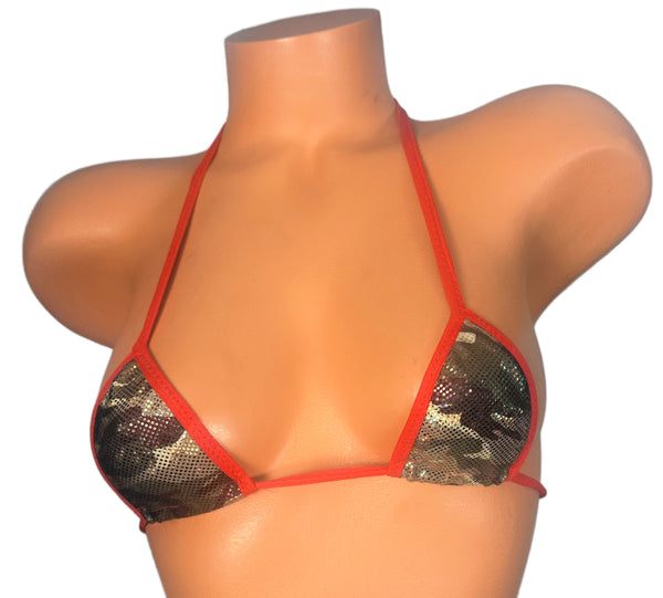 Metallic Olive Green Camouflage Red Trim Micro Triangle Top
