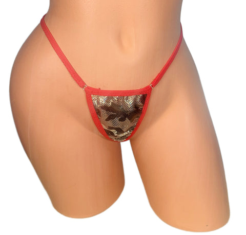 Metallic Olive Green Camouflage Red Trim Extreme Micro Thong