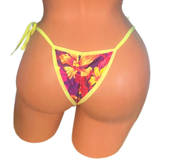 Orange Floral Yellow Trim Scrunch bottom micro string bikini