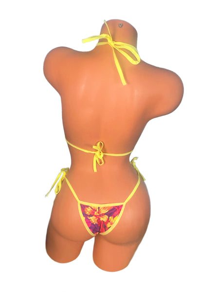 Orange Floral Yellow Trim Scrunch bottom micro string bikini