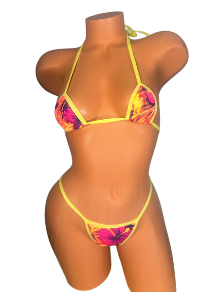 Orange Floral Yellow Trim thong bikini
