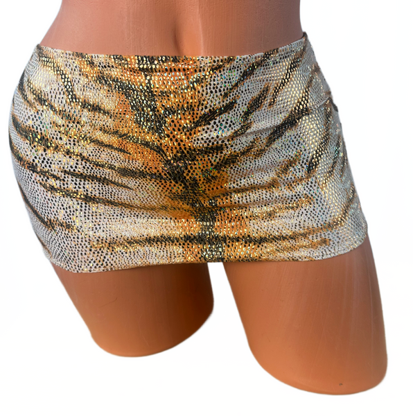 Gold Tiger Print Metallic Micro Mini Skirt Cover Up