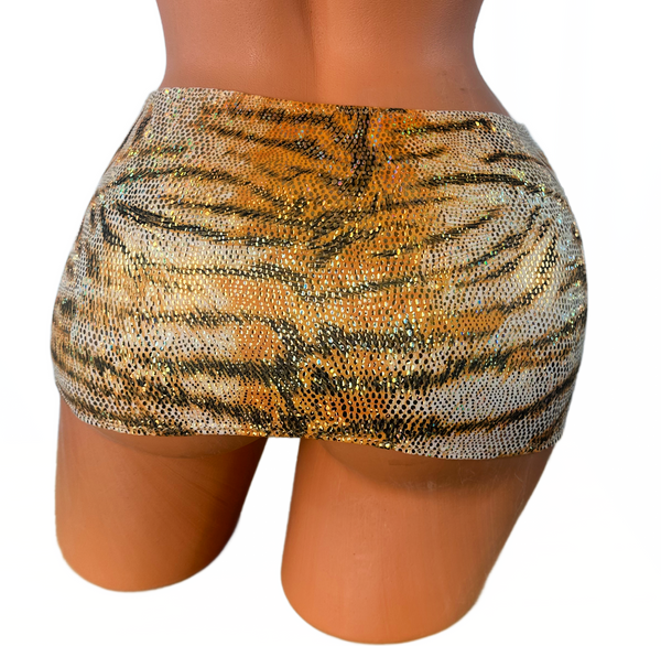 Gold Tiger Print Metallic Micro Mini Skirt Cover Up