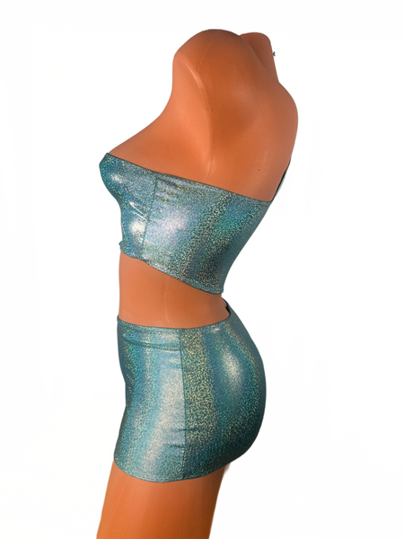 One Shoulder Silver on Turquoise micro skirt set