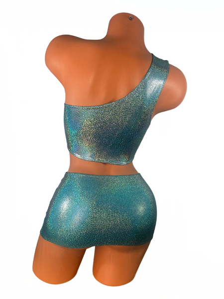 One Shoulder Silver on Turquoise micro skirt set