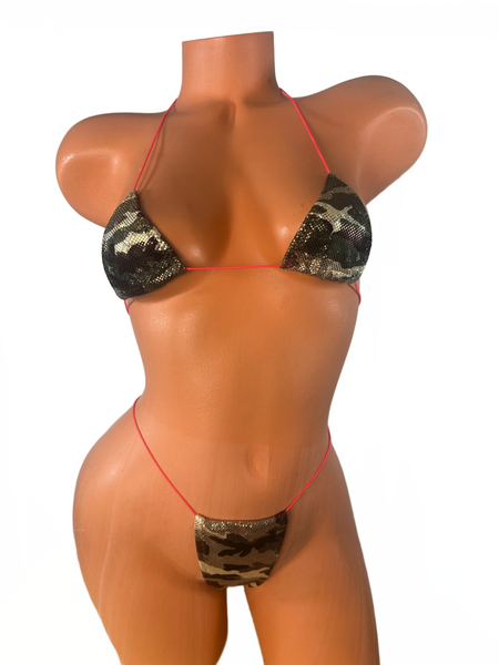 Metallic Olive Green Camouflage Mini Bikini