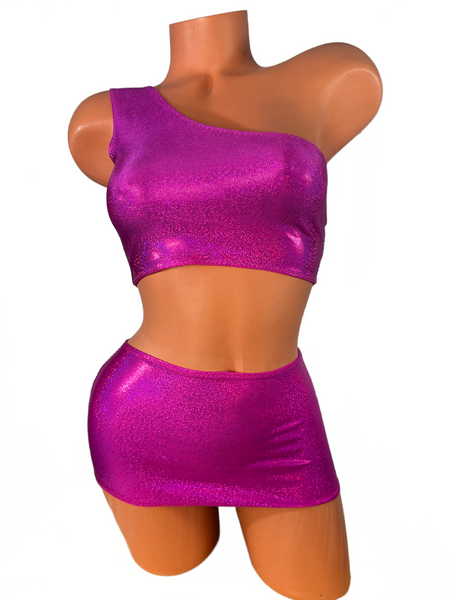 One Shoulder Fuchsia Metallic Micro Skirt Set