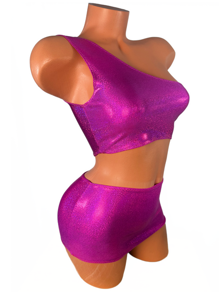 One Shoulder Fuchsia Metallic Micro Skirt Set