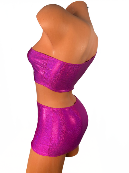 One Shoulder Fuchsia Metallic Micro Skirt Set
