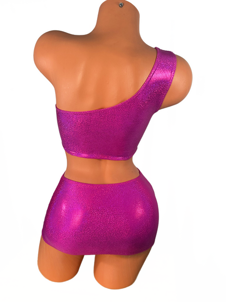 One Shoulder Fuchsia Metallic Micro Skirt Set