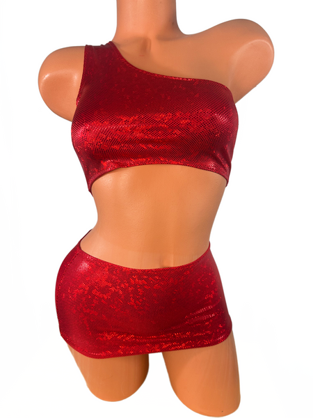 One Shoulder Red Shatterglass Micro Skirt Set